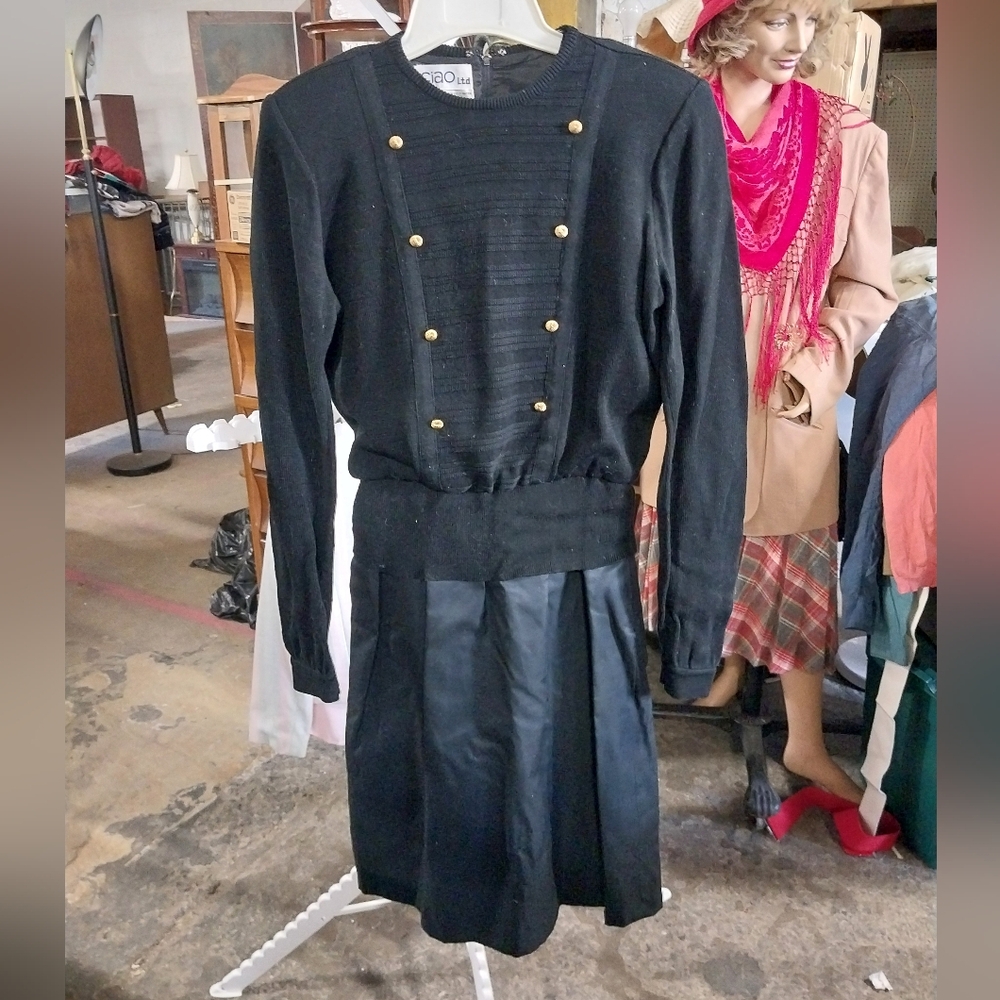 Vtg. Ciao Ltd. Black Dress with Gold Button Accents